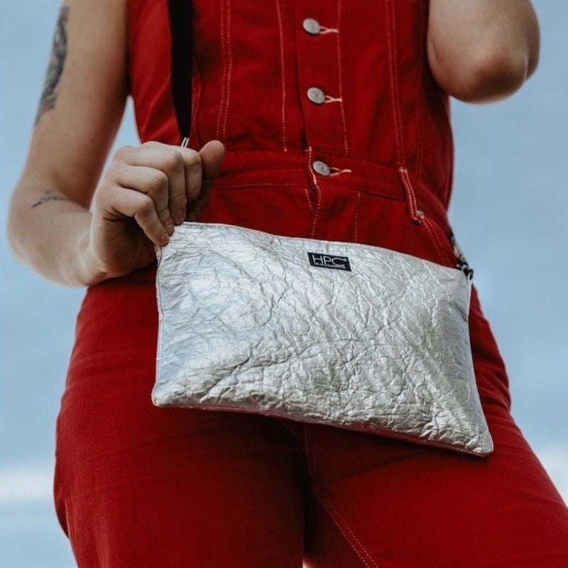 Earth Bag Crossbody, Silver Pinatex (Upcycled Billboard Bags